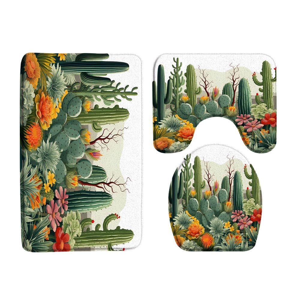 VPUPCN Cactus 3 Pcs Bath Rugs Set,Tropical Succulent Plant Green Cacti Flower Mountain Desert Landscape Modern Boho Bathroom Kitchen Rug with 16