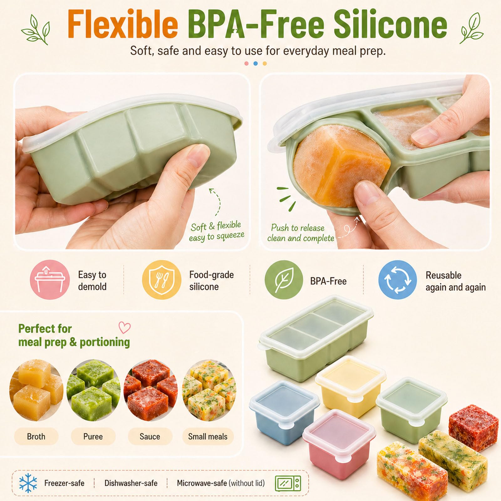 6 Pezzi Stampo Cubetti Riutilizzabili in Silicone Coperchio Set 4×125 ml Porzioni Singole, 3×125 ml Multiforma & 6×100 ml Contenitori Congelamento, Senza BPA per Alimenti Liquidi Zuppe