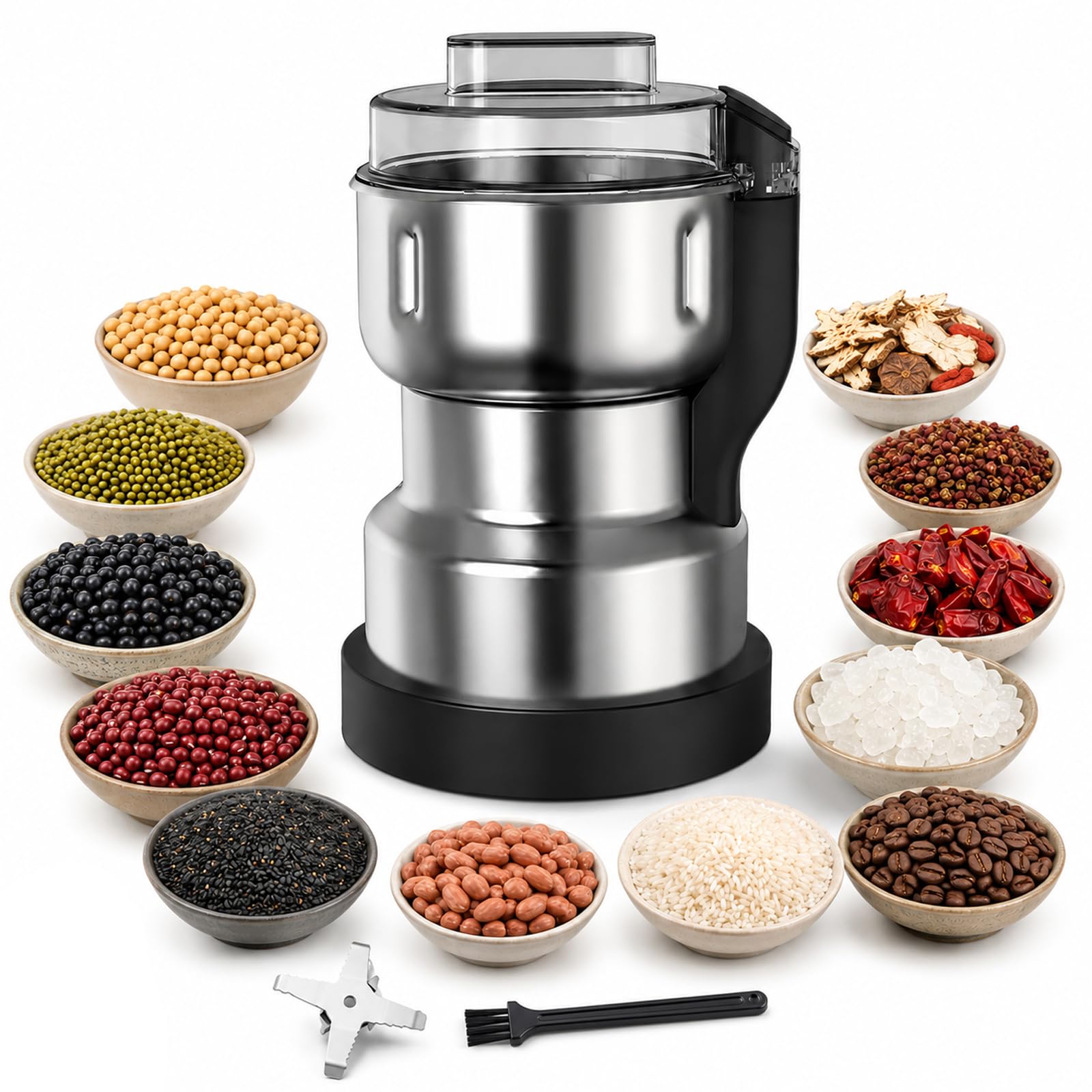 Macinino elettrico per caffè e spezie, 300 g, in acciaio inox, a 6 lame, funzionamento One Touch, ciotola per spezie, fagioli, erbe, riso, noci e ingredienti secchi