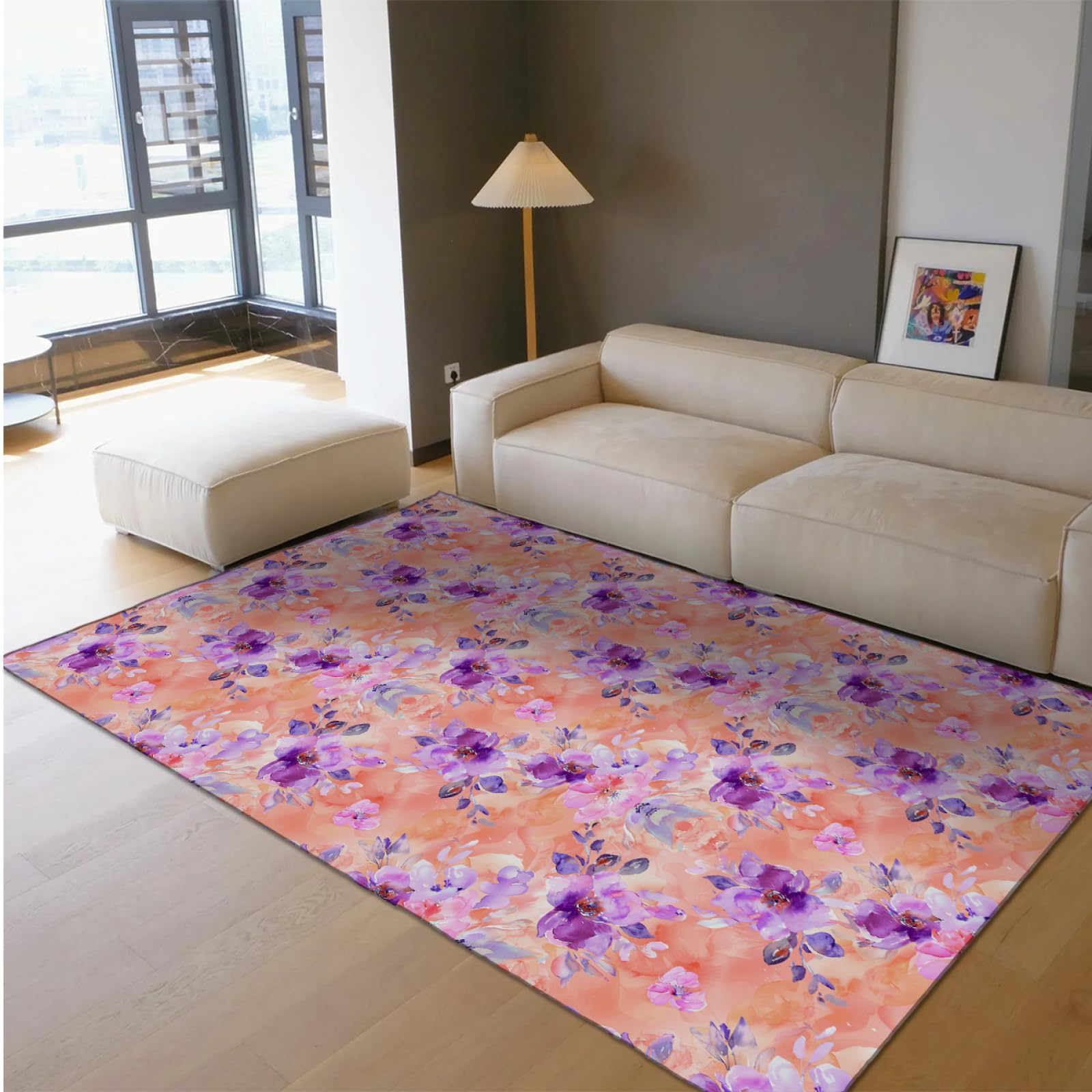 Tapis pivoine violette antidérapant floral orange 90x150cm décor glamour rustique