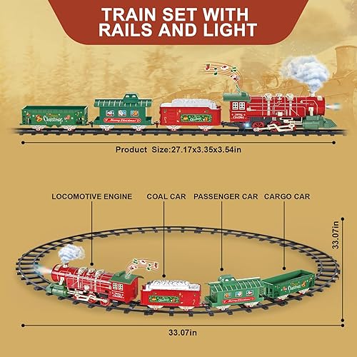 Miniatura 5 de Juego de tren de Navidad para alrededor del árbol con sonidos, luces y humo, juguetes de tren eléctrico para niños pequeños con 3 autos y 14 pistas,