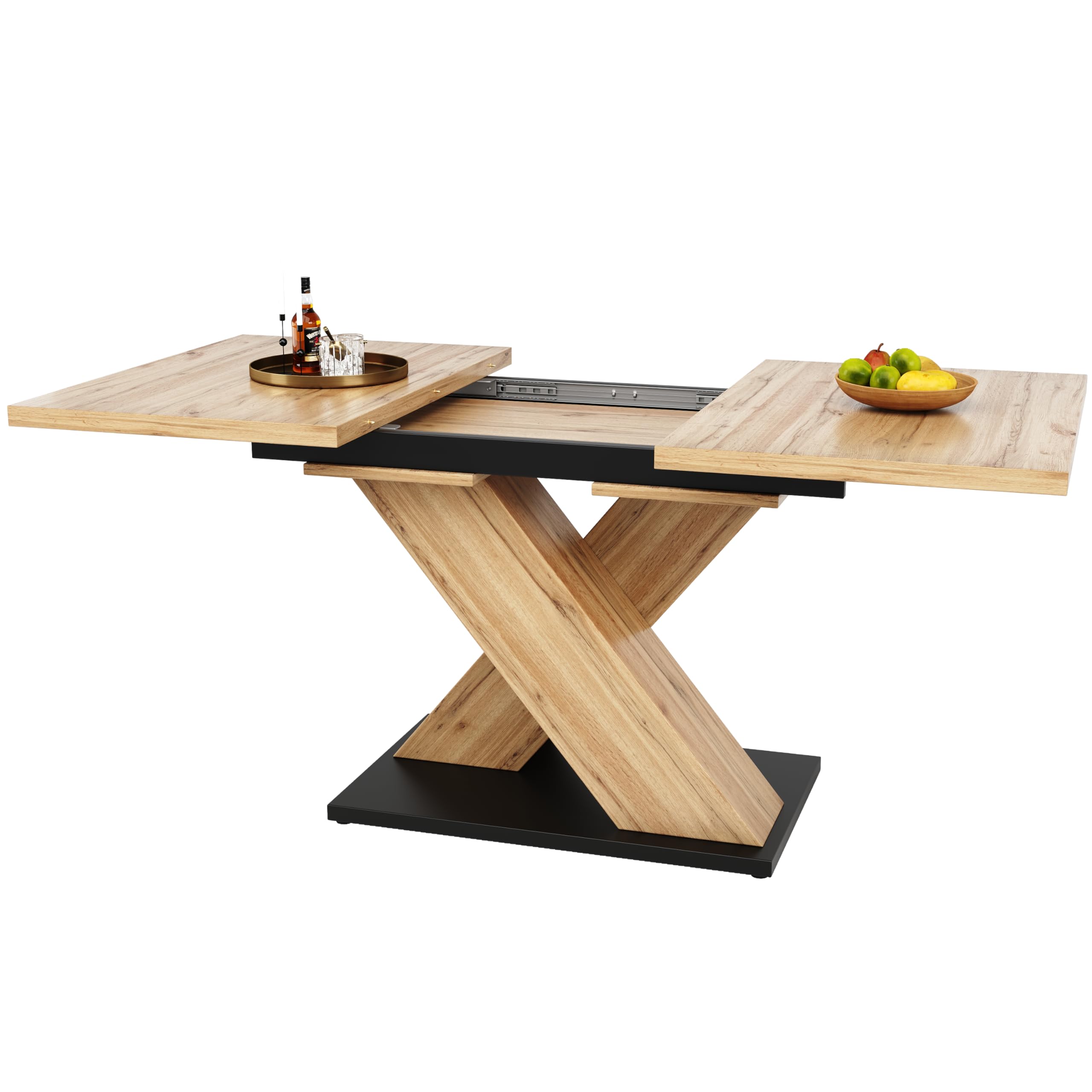 KAZZIO Mesa de comedor telescópica, mesa, mesa de cocina, mesa extensible, con la ayuda de placas interiores extraíbles hasta 119-158.5cm, para cocina y sala de estar, mesa de comedor de color madera