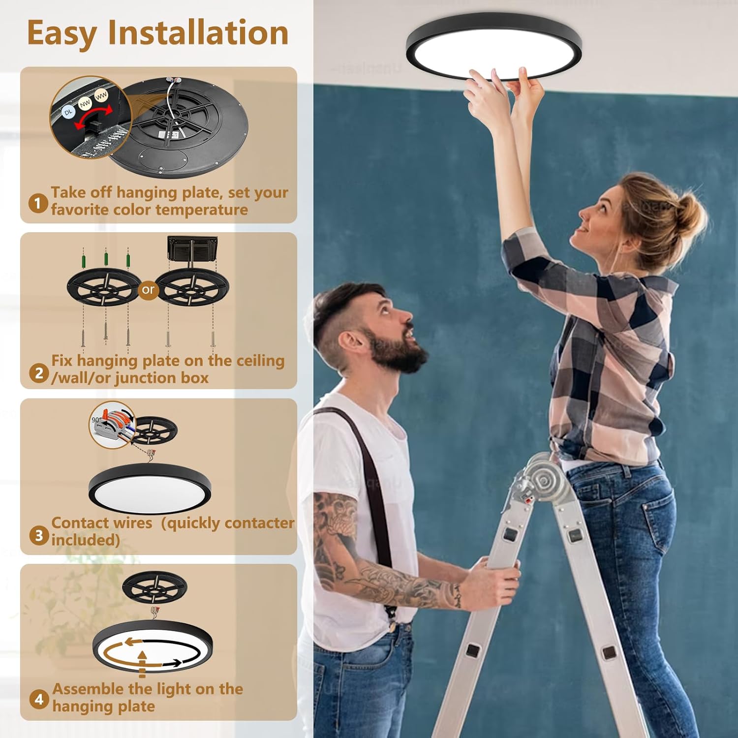 4PK 15.8 Inch LED Flush Mount Ceiling Light, 32W, 3480LM, 3000K/4000K/6000K CCT Selectable, Black Ultra-Slim LED Ceiling Light Fixtures, Low Profile Round Flat Panel Light for Bedroom,Kitchen,Hallway