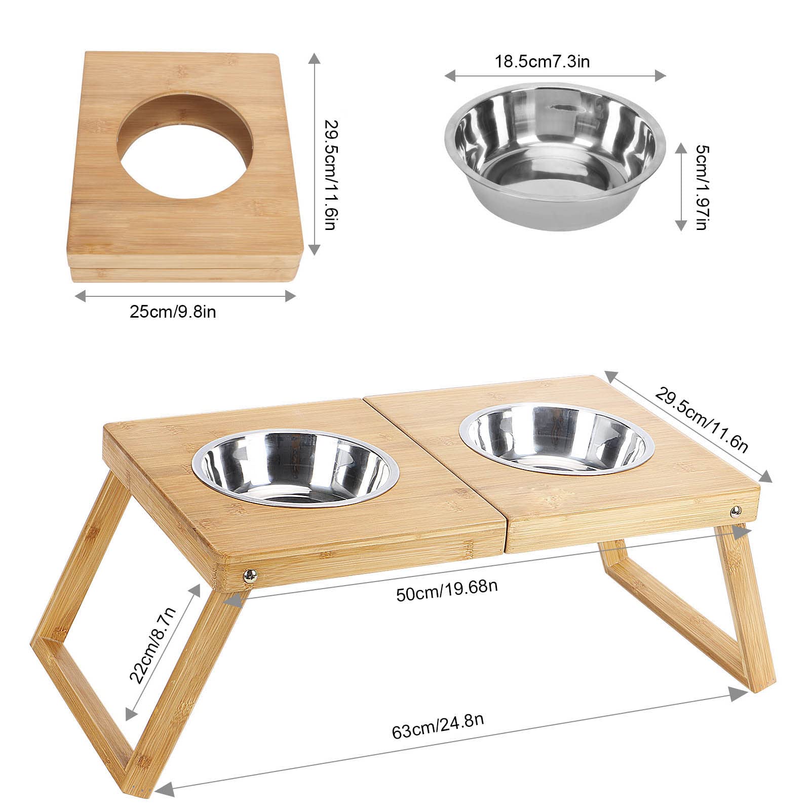 Comederos Elevados para Perros Comedero Gato Elevado, Comedero Elevado, Comedero Elevado, Acero Inoxidable Doble con Soporte de Bambú, Impermeable