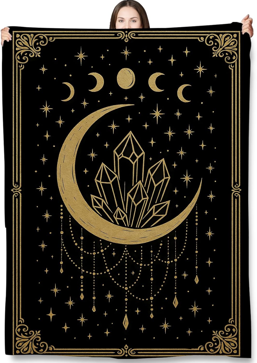 Mystic Moon Crystal Throw Blanket Gifts for Adults Kids, Gothic Crescent Moon and Crystal Blankets for Living Room Bedroom Decor, Fuzzy Warm Flannel Plush 50"x60"