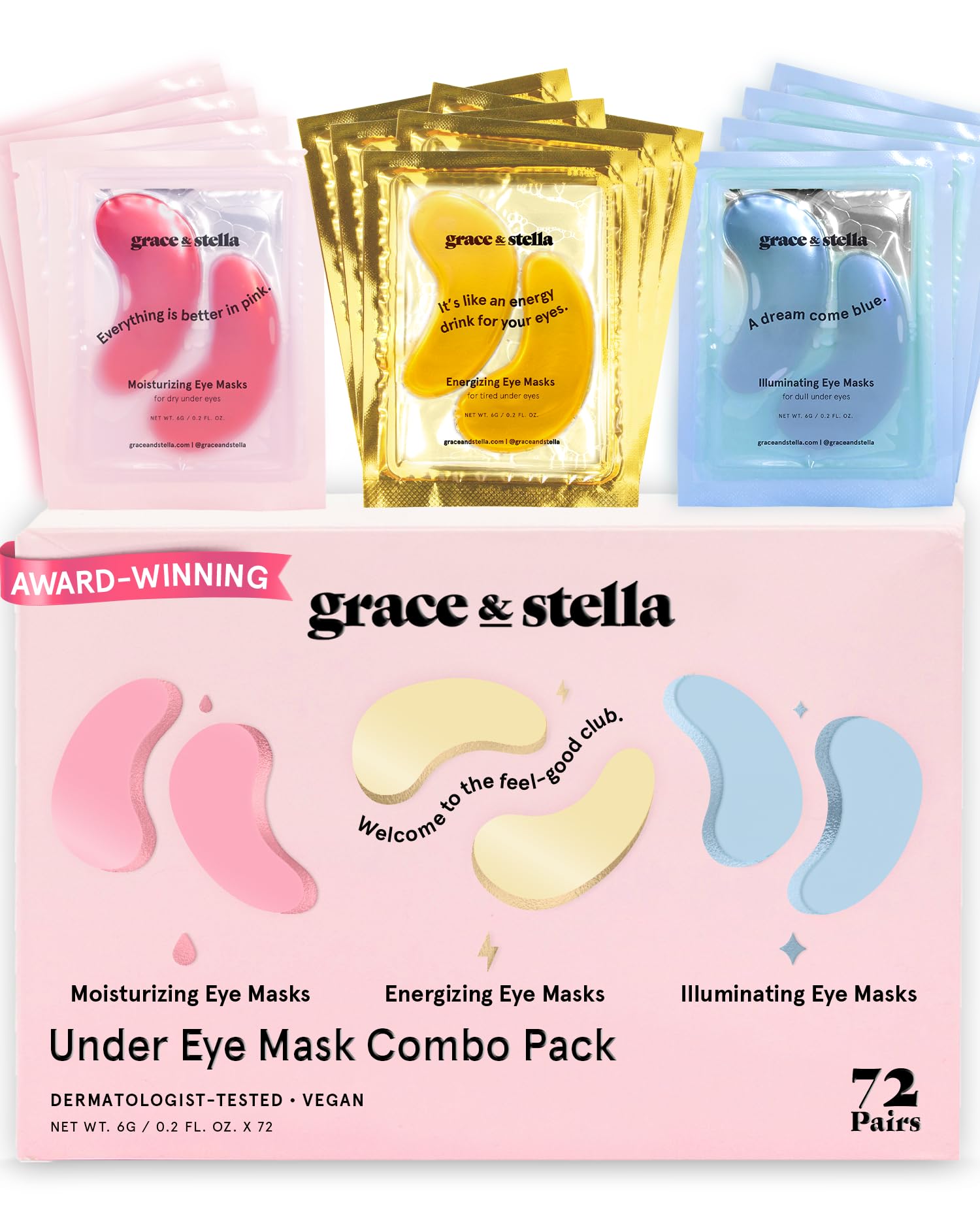 Under Eye Mask - Reduce Dark Circles, Puffy Eyes, Undereye Bags, Wrinkles - Gel Under Eye Patches, Vegan Cruelty-Free Self Care by grace and stella (72 Pairs, GoldPinkBlue)24 Pair (Pack of 3)ClimatePartner certified