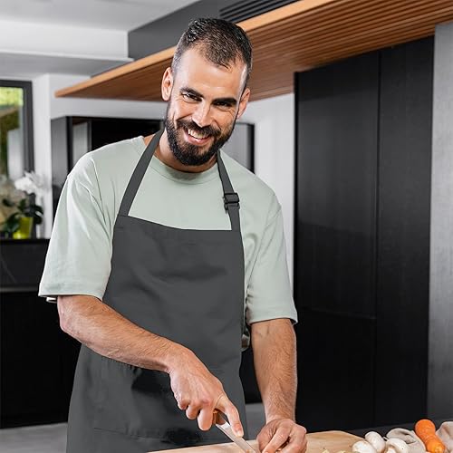 Miniatura 2 de Adjustable Bib Apron 100% Polyester Kitchen Aprons Waterdrop Resistant Aprons with Adjustable Strap, Pockets & Long Ties