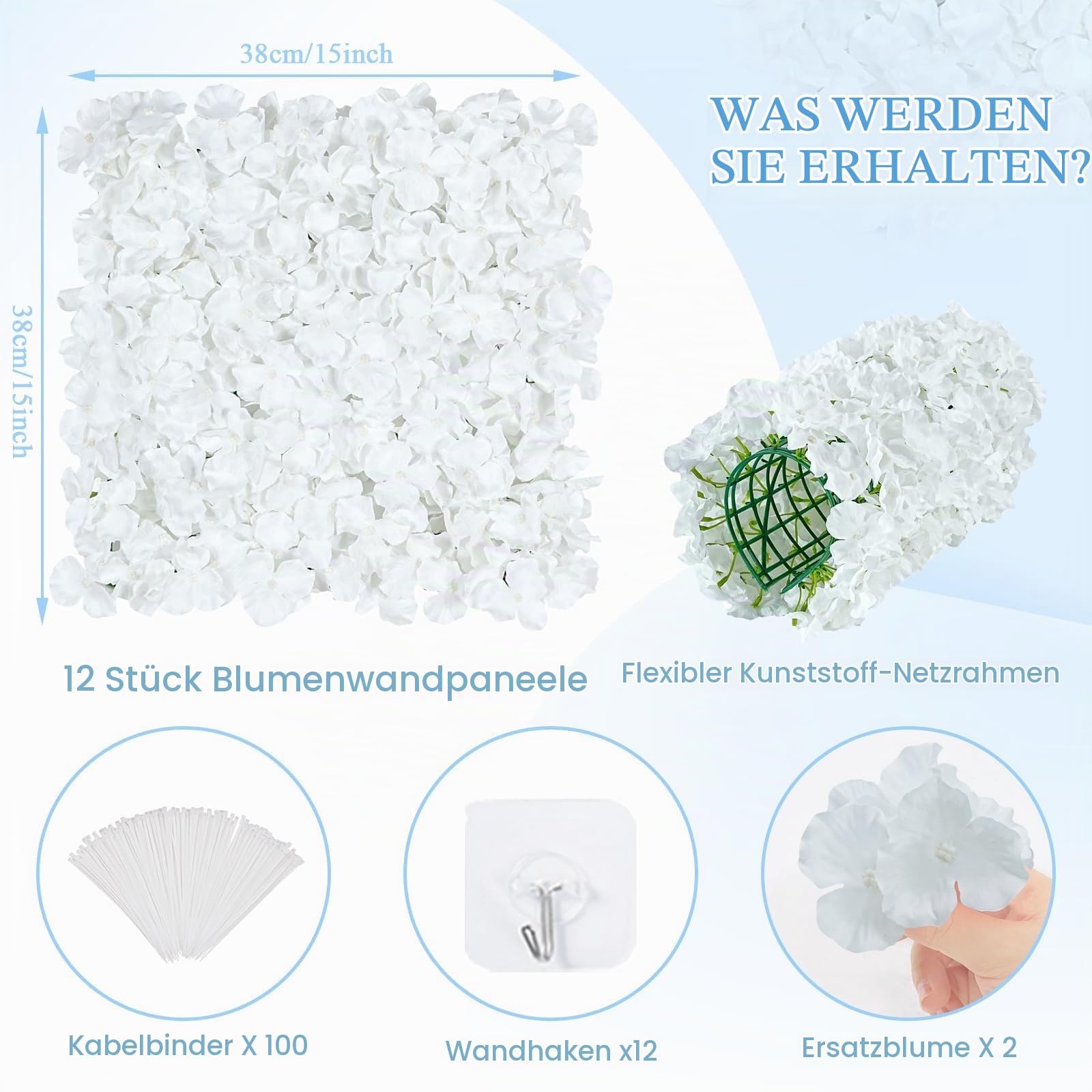 12 Stück Hortensien Kunstblumen Blumenwand, 38 x 38 cm Künstliche Blumenwand Panel DIY Blumen Hintergrund für Hochzeit Balkon Garten Valentinstag Outdoor Deko, Weiß