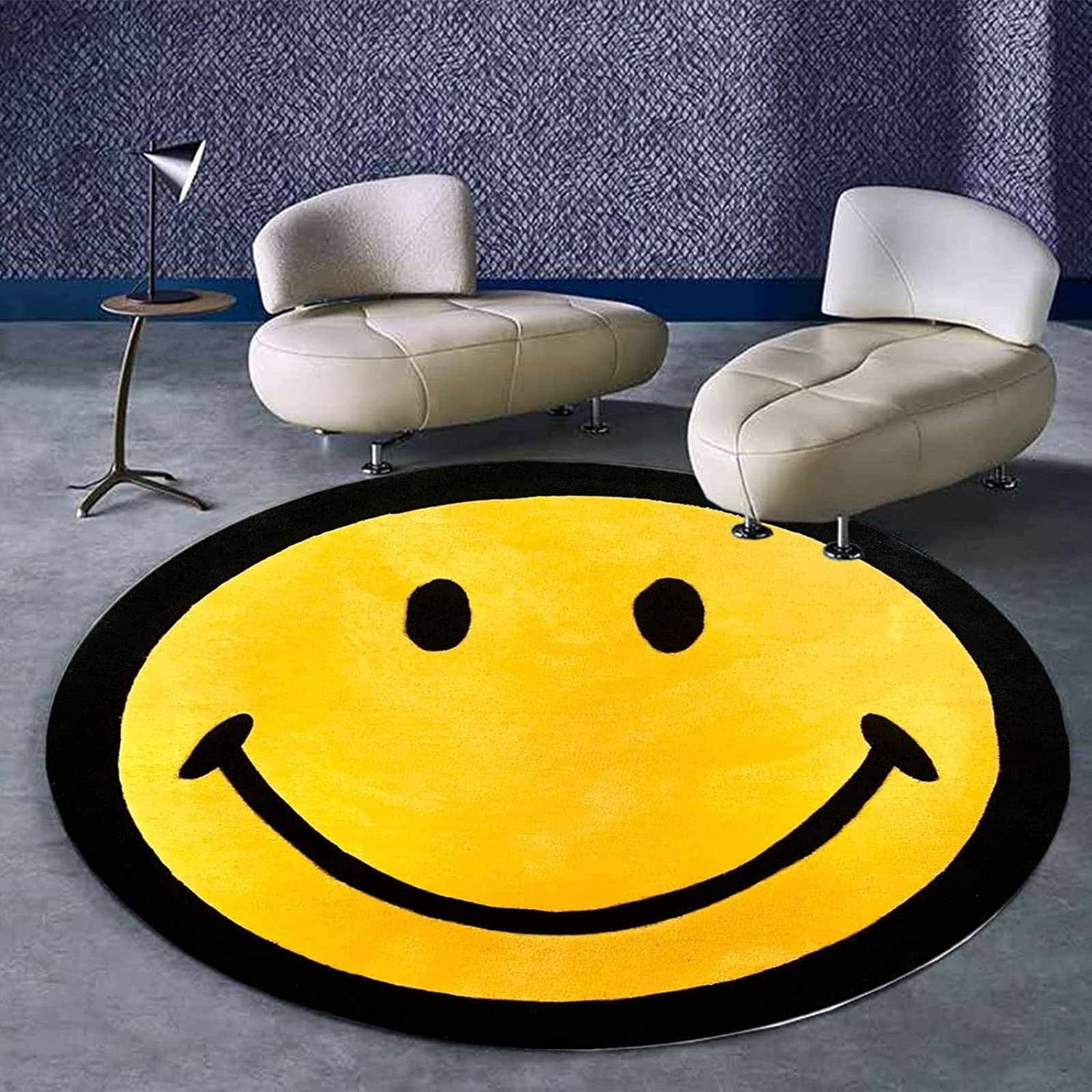 Large Round Area Rug Modern Anti-Slip Rug Designer Area Carpet Creative Cartoon Smiley Face Black And Yellow Decorative Rug Carpet Floor Mat Yoga Mat for Room Home Decor ø 200CM