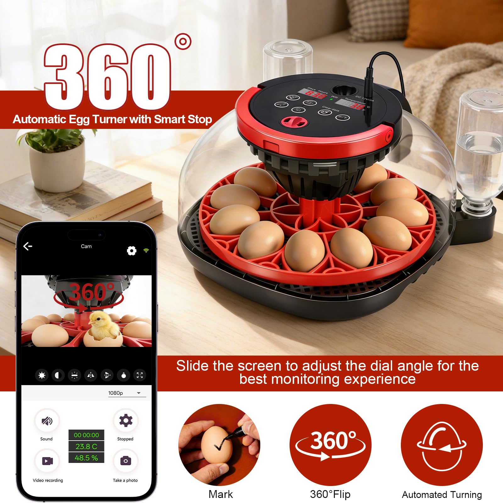 Incubadora totalmente automática de 12 huevos, incubadora con cámara HD 1080, control remoto mediante app inteligente, Control de Temperatura y Automático de Humedad, Volteo Automático de Huevos | Incubadora de pollos con control de temperatura y humedad,
