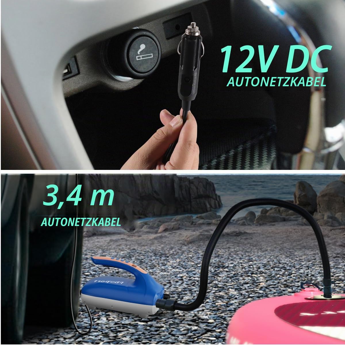SUP Pumpe Elektrisch 20 PSI, 12V DC Elektrische Hochdruck Luftpumpe mit Auto-Off-Funktion, 2-Stufen Inflation/Deflation und LCD, Hochdruckluftpumpe für Paddle-Board Kajak Luftmatratze Zelt
