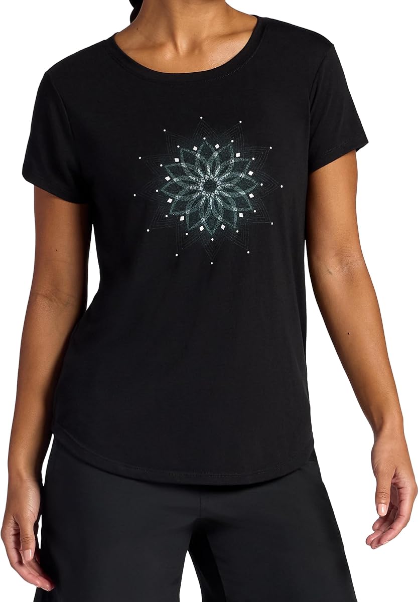 Camiseta de cuello redondo Gaiam Mindful Flower Graphic para mujer, corte holgado, material elástico y ligero, dobladillo curvo