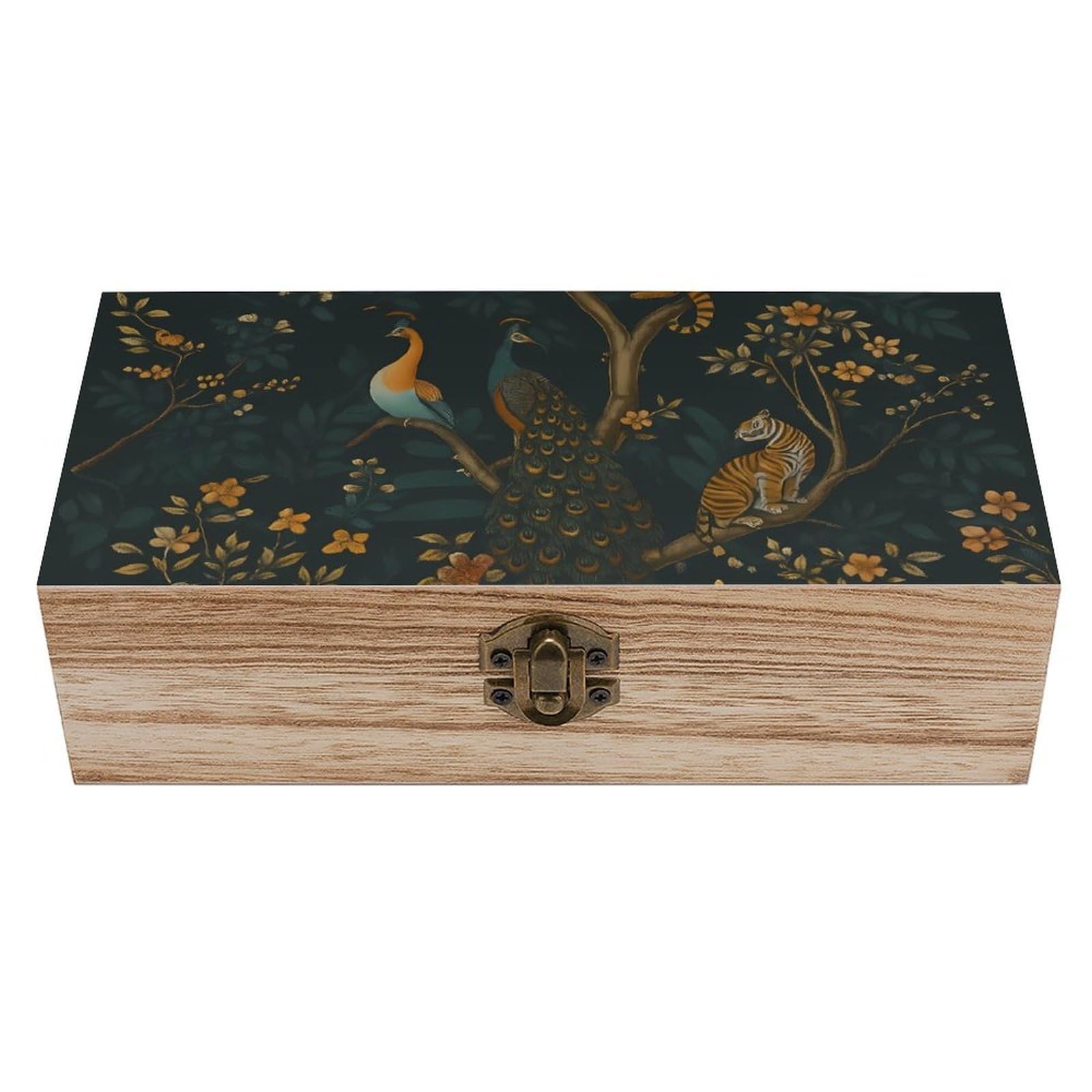 HLBSDM Peacock And Tiger on Tree Branch Retro Wooden Storage Box Jewelry Art Gift Boxs Decorative Keepsake Boxes