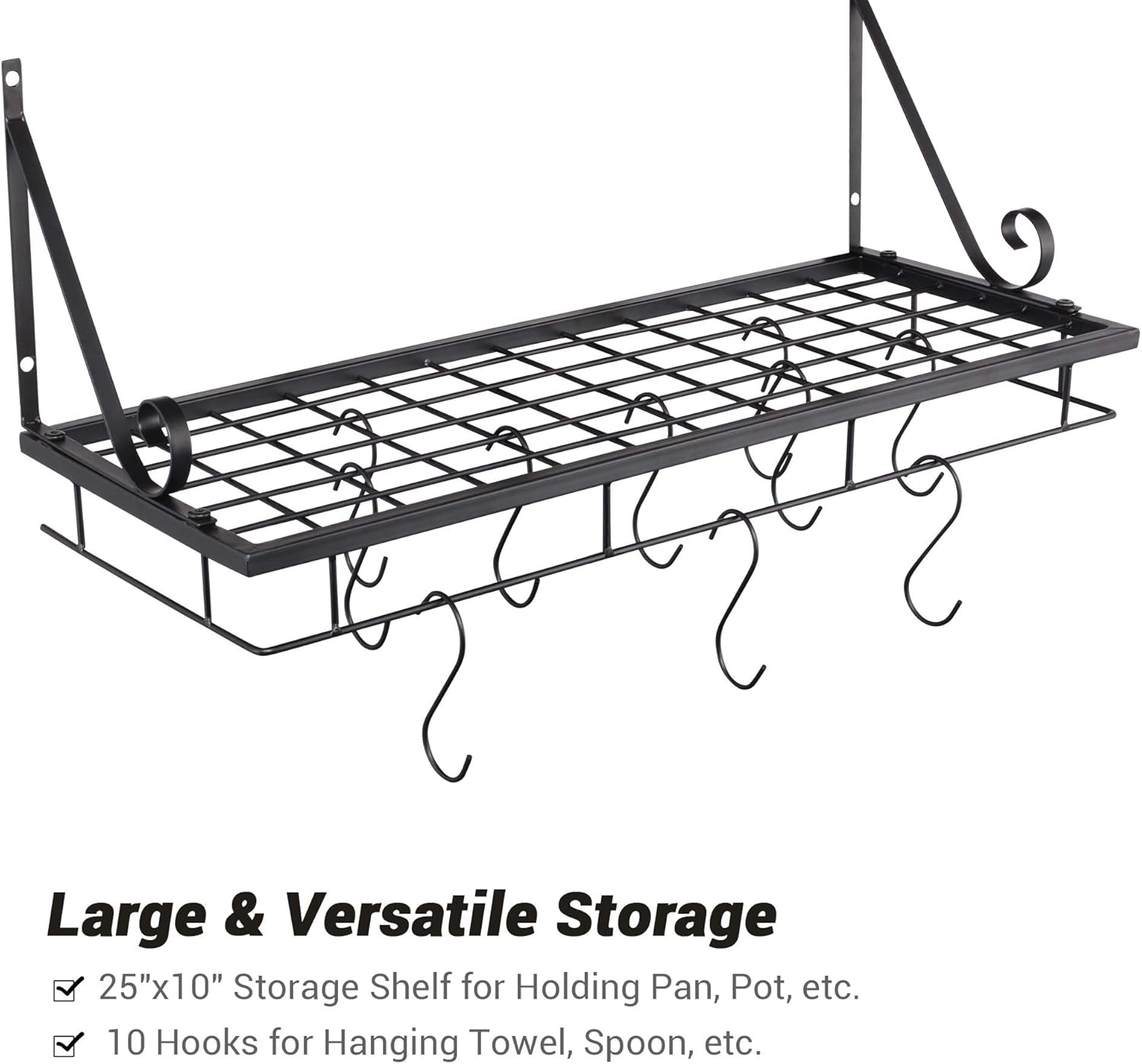 Aquaterior Grid Wall Mount Pot Pan Rack Kitchen Cookware Organizer with 10 Hooks Metal Wall Shelves Storage Pot Holder Black