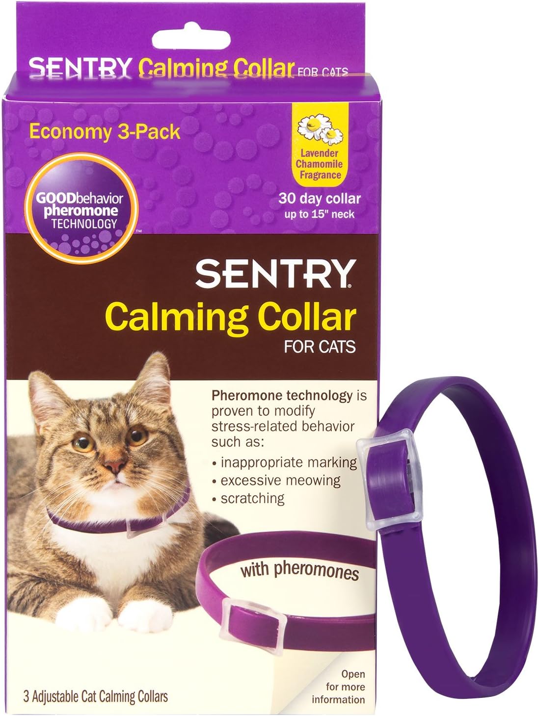 Sentry Calming Collar for Cats, Up to 15-Inch Neck, Includes Three Cat Calming Collars, Lavender Chamomile Fragrance