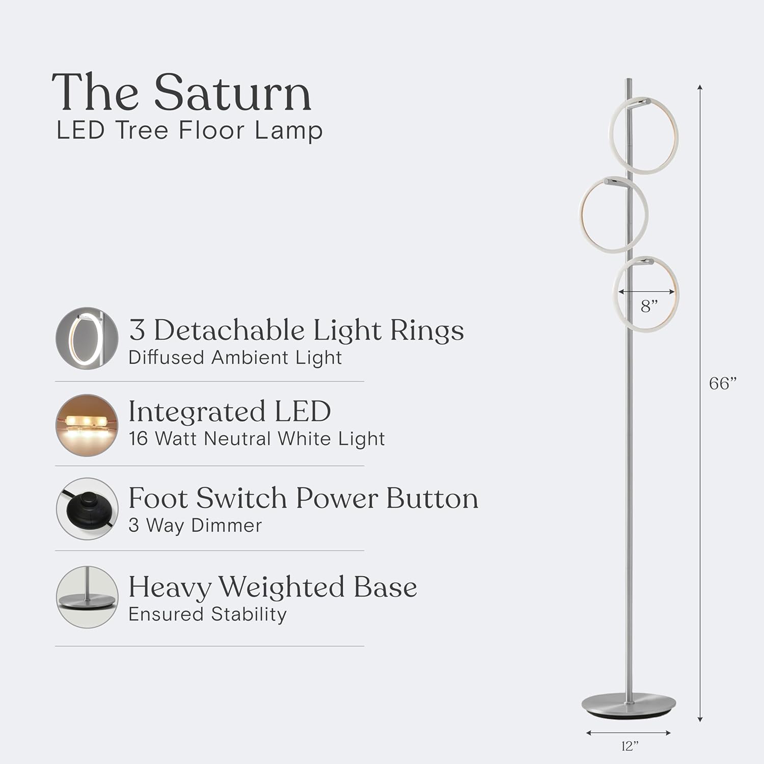 Brightech Saturn LED Tree Floor Lamp - Unique Design Matches Modern and Contemporary Decor - 3 Light Standing Pole Lamp- Tall Light for Living Room, Bedroom, and Office - Silver