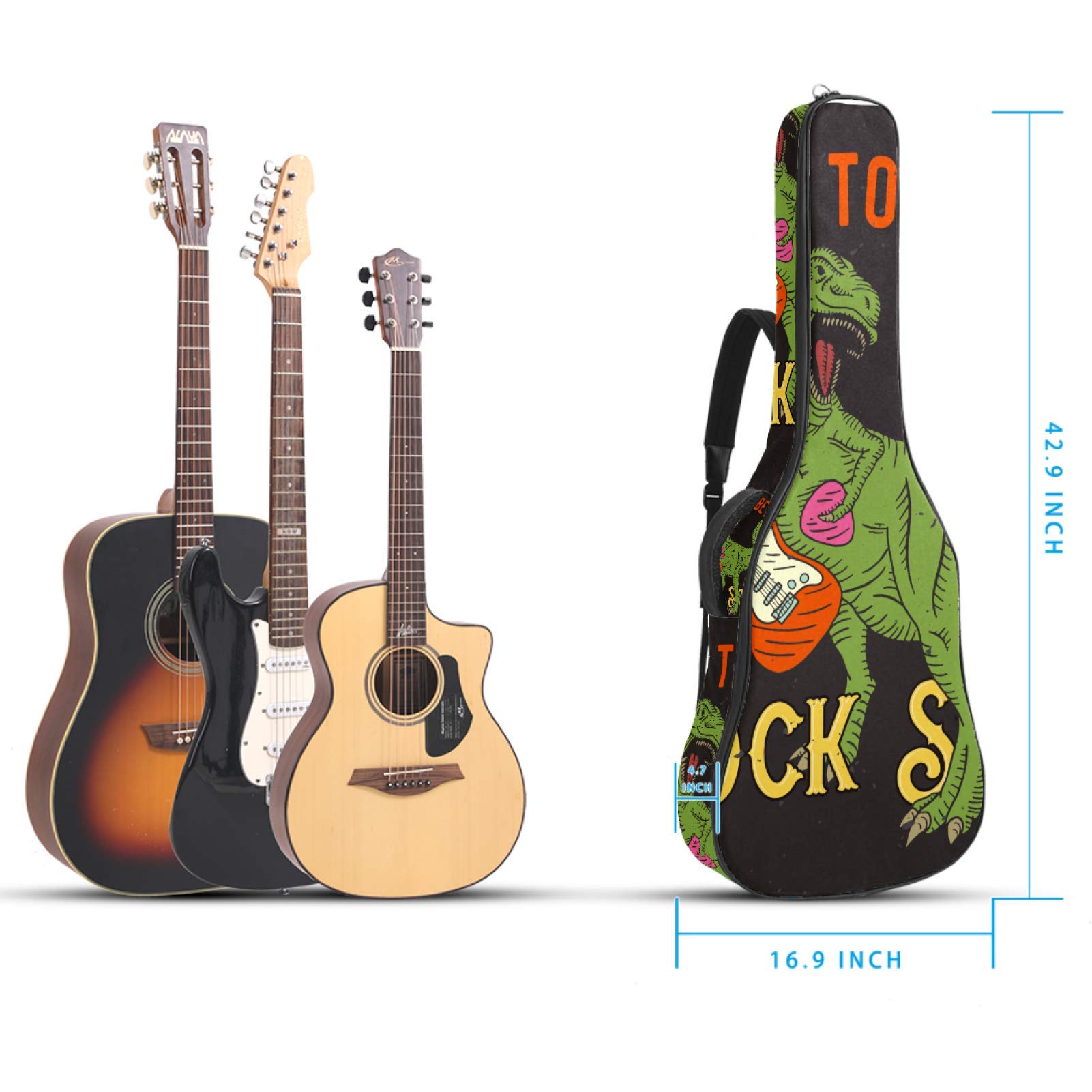 Borsa per chitarra impermeabile con cerniera morbida zaino per chitarra, chitarra acustica e classica folk chitarra elettrica dinosauro musica