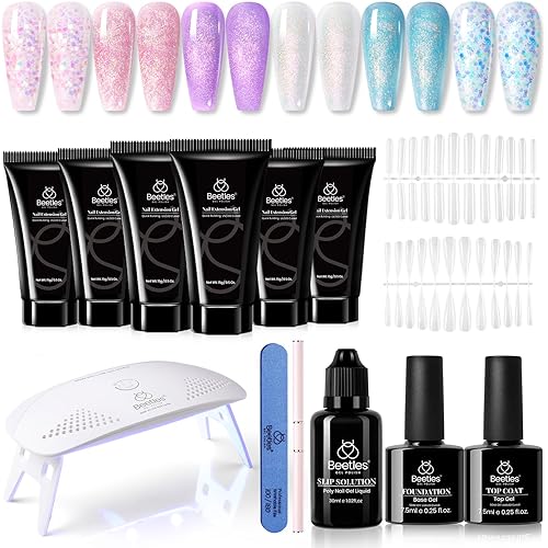 Beetles Poly Extension Gel Nail Kit 6 Colors Glitter Mermaid Glow Builder Nail Gel Kit with Slip Solution All-in-One Spring Summer Nail Art Supplies DIY Manicure Salon Gift for Women Girls