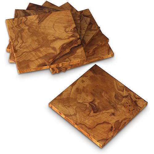 Olive Wood Coasters for Drinks 6 Piece Set Coasters for Wooden Table | Rustic Coasters for Office Desk | Unique Drink Coaster For Tabletop Protection | Wooden Coasters For Coffee Table