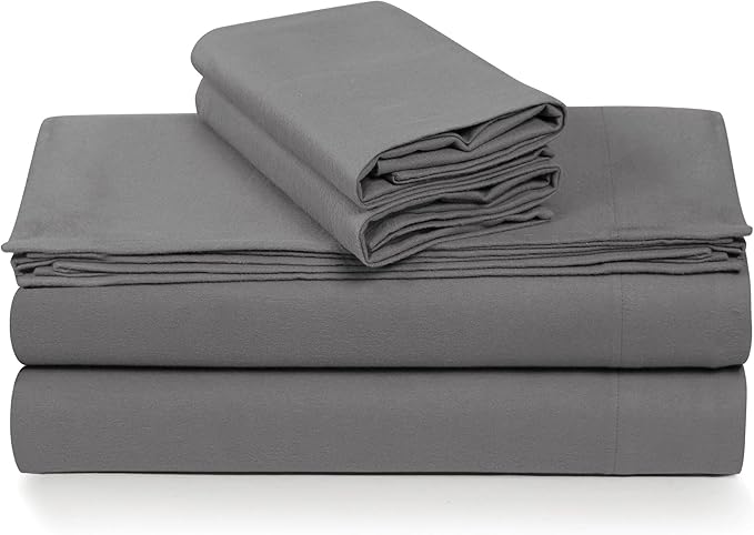 Tribeca Living 100% Cotton Flannel Sheet Set - 200 GSM, Deep Pocket, Ultra Soft & Cozy, Twin XL, Grey/Wet Weather