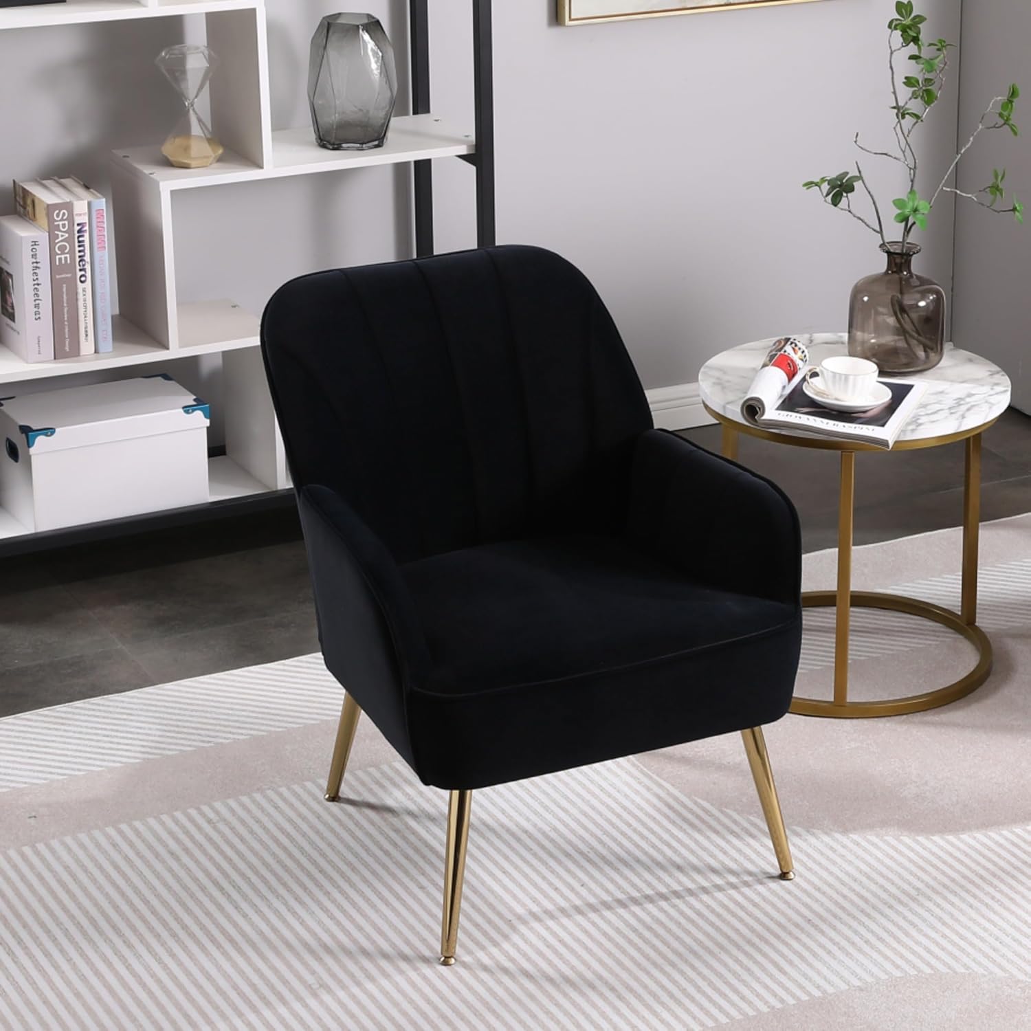 Modern Plush Teddy Fabric Accent Armchair with Golden Legs, Ergonomic Adjustable Height Living Room Seating, Comfortable Lounge Chair for Bedroom and Home Interior Decor, Sturdy Iron Frame (Black)