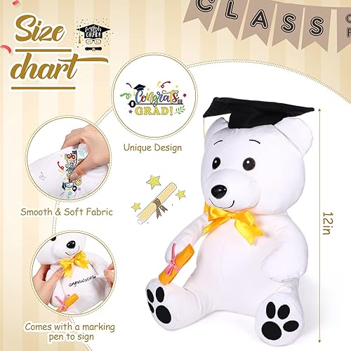 Miniatura 2 de Peluche de autógrafo de graduación de 12 pulgadas 2023, juguete de peluche blanco liso con autógrafo de felicitaciones graduado con bolígrafo negro