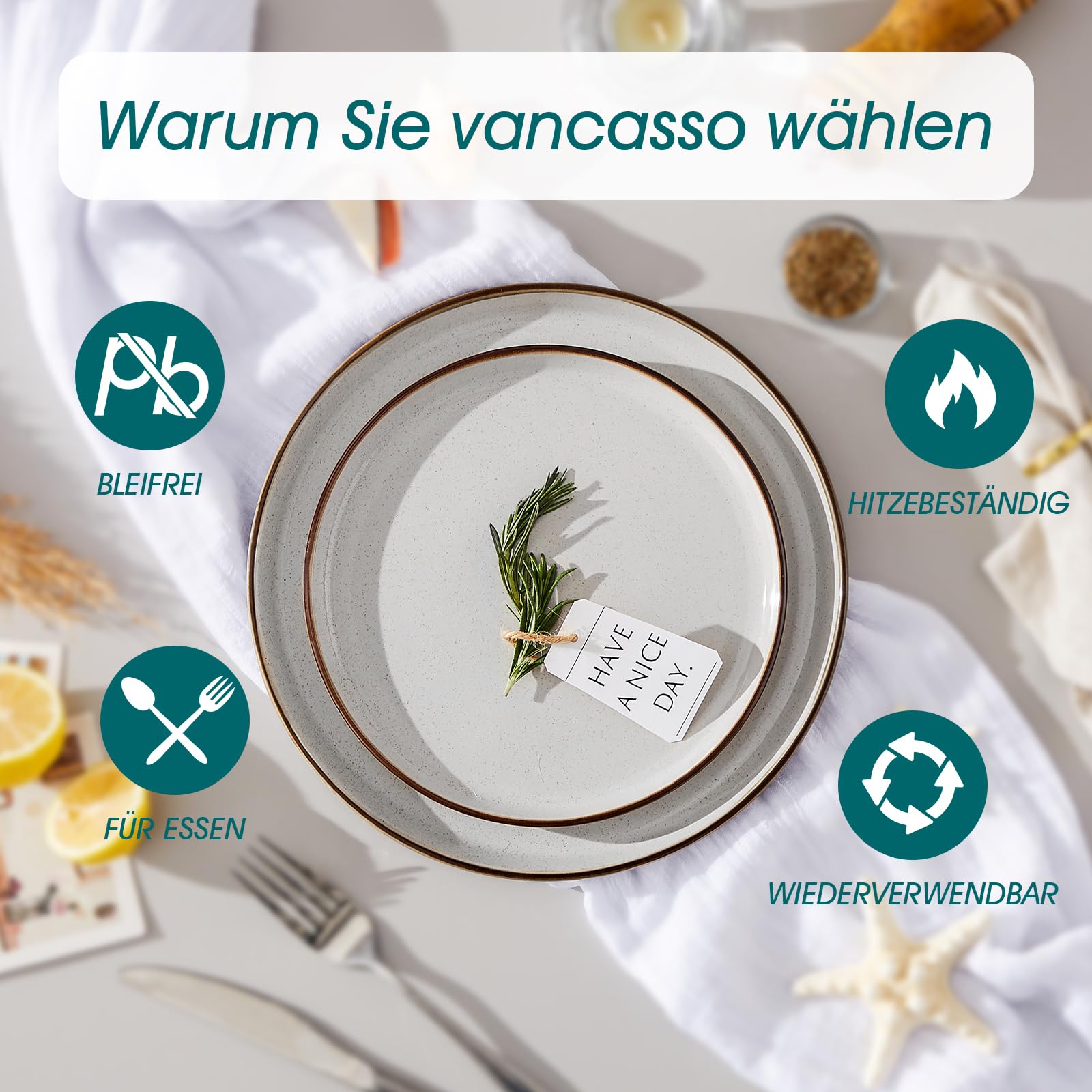 Steingut Geschirrset 6 Personen, vancasso LOIRE 18tlg Tafelservice 6 Personen Modern Grau, Beinhaltet Schüssel, Dessertteller und Speiseteller, Mikrowellenfest und Spülmaschinenfest