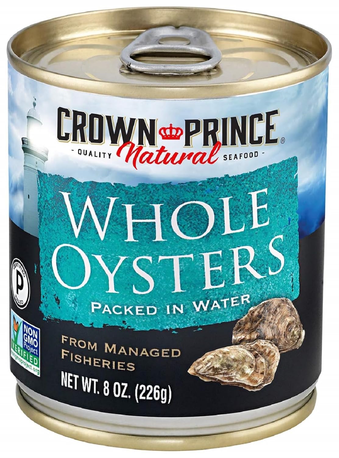 Crown Prince Natural Whole Boiled Oysters, 8oz Cans (Pack of 12) - Sustainably Sourced, Non-GMO, High Omega-3 for Stews & Chowders