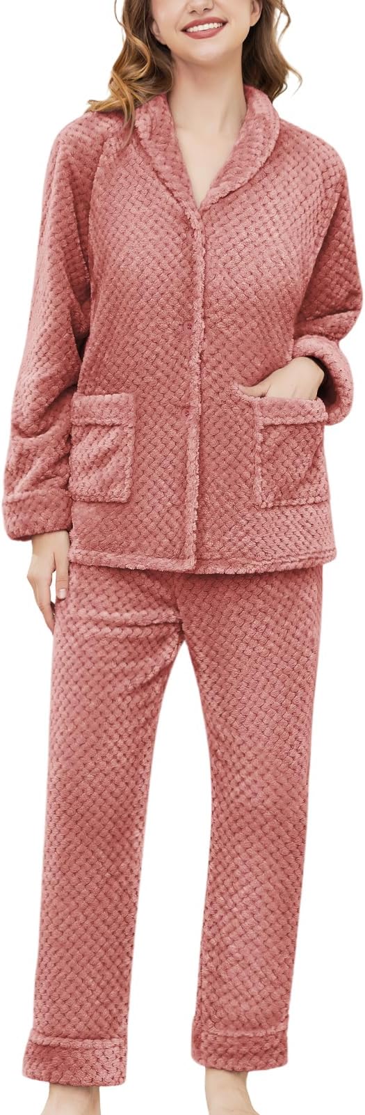 Women's Fleece Pajama Sets with Pockets, Long Sleeves Button Front Warm Pajamas Winter Sleepwear with Notched Collar