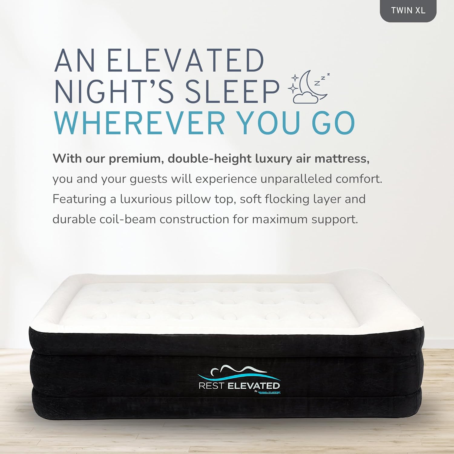 RestElevated Luxury Pillow Top Twin XL Size Air Mattress with Built in Pump | 20" Raised Height with Coil Beam Support | Adjustable Blow Up Air Bed | for Home, Guests, Camping [Black with Cream Top]