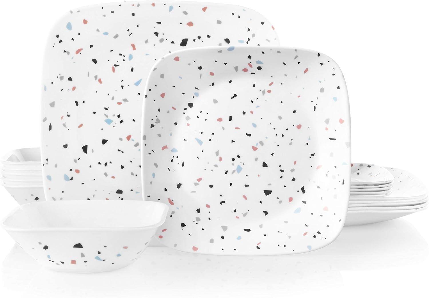 Corelle Juego de vajilla de 18 piezas para 6, resistente a virutas, cristal, Terrazzo Rosa Square
