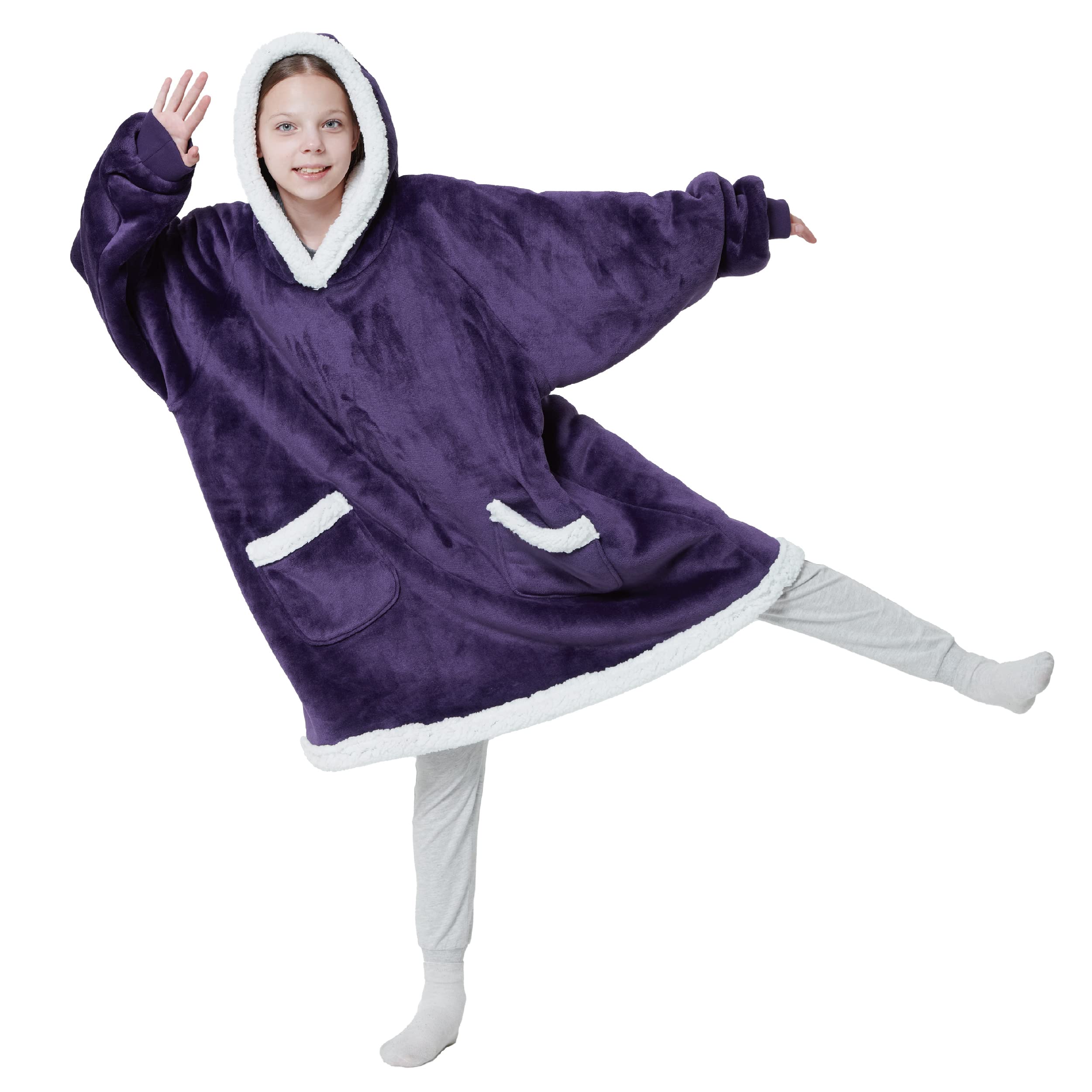Amazon.com: Bedsure Wearable Blanket Hoodie for Kid - Sherpa Fleece Hooded  Blanket for Teens as A Gift, Warm u0026 Cozy Blanket Sweatshirt with Giant  Pocket both Indoors and Outdoors (Kids, Purple) :