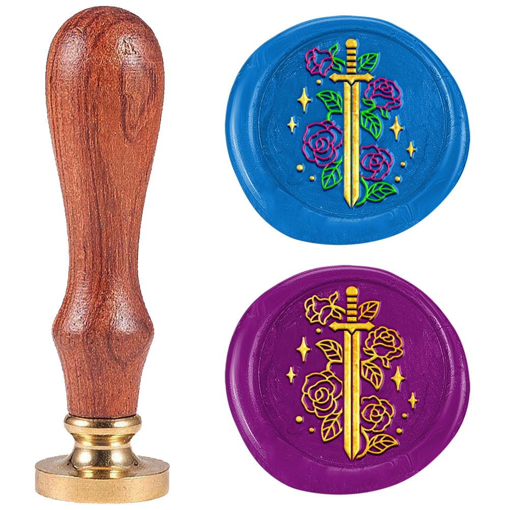 DELORIGIN Sword Rose Wax Seal Stamp Embossed Stamp Sealing Removable 1" Brass Wax Seal Stamp Head with Wooden Handle Sealing Wax for Birthdays Invitations Greeting Card Party Envelopes Craft