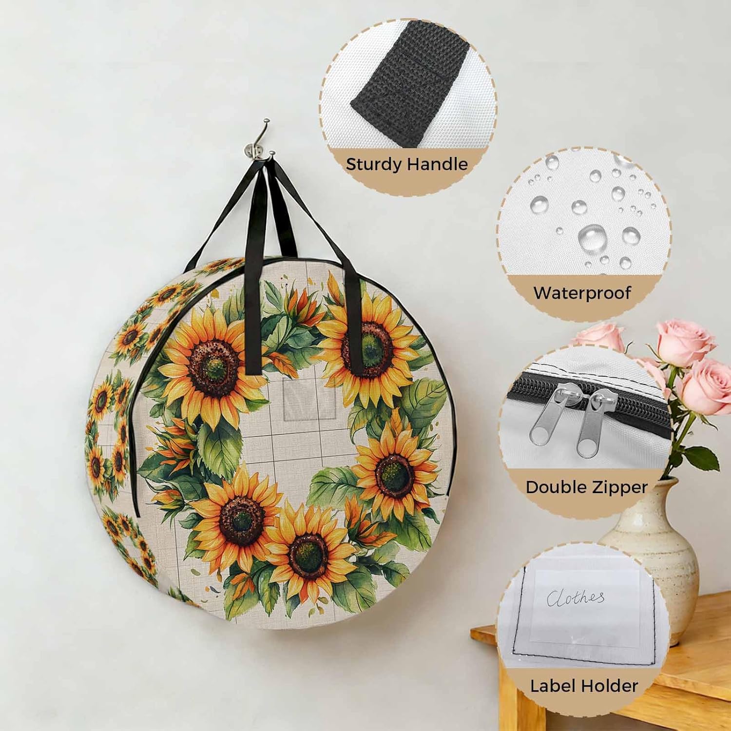Spring Sunflower Wreath Round Storage Bag 30 Inch, Watercolor Floral Linen Texture Clothes Storage Container with Handles Heavy Duty Organizer for Comforter, Bedding & Holiday Wreaths