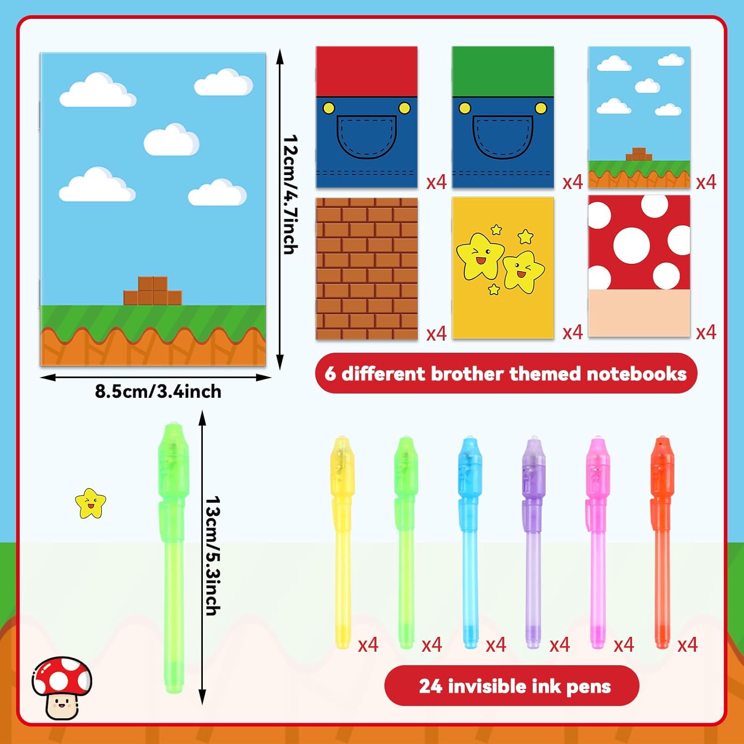 48Pcs Super Cartoon Theme Bros Party Favors Notepads with Invisible Ink Pen Super Adventure Decor Spy Pens Magic Marker with Light Brother Video Game Mini Notebook for Party Gifts Goodie Bags Stuffers