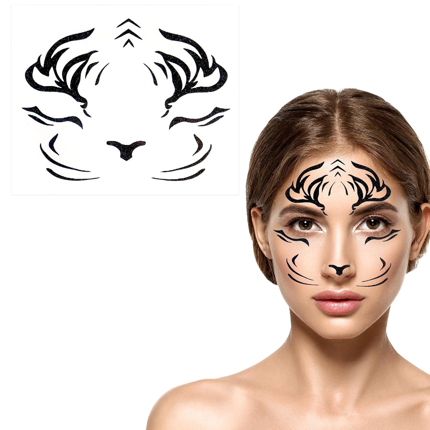 Tiger Face Temporary Tattoos, 2Pack Glitter Halloween Face Tattoo Self Adhesive Animal Tattoo Sticker for Halloween Cosplay Festival Party Costume Makeup