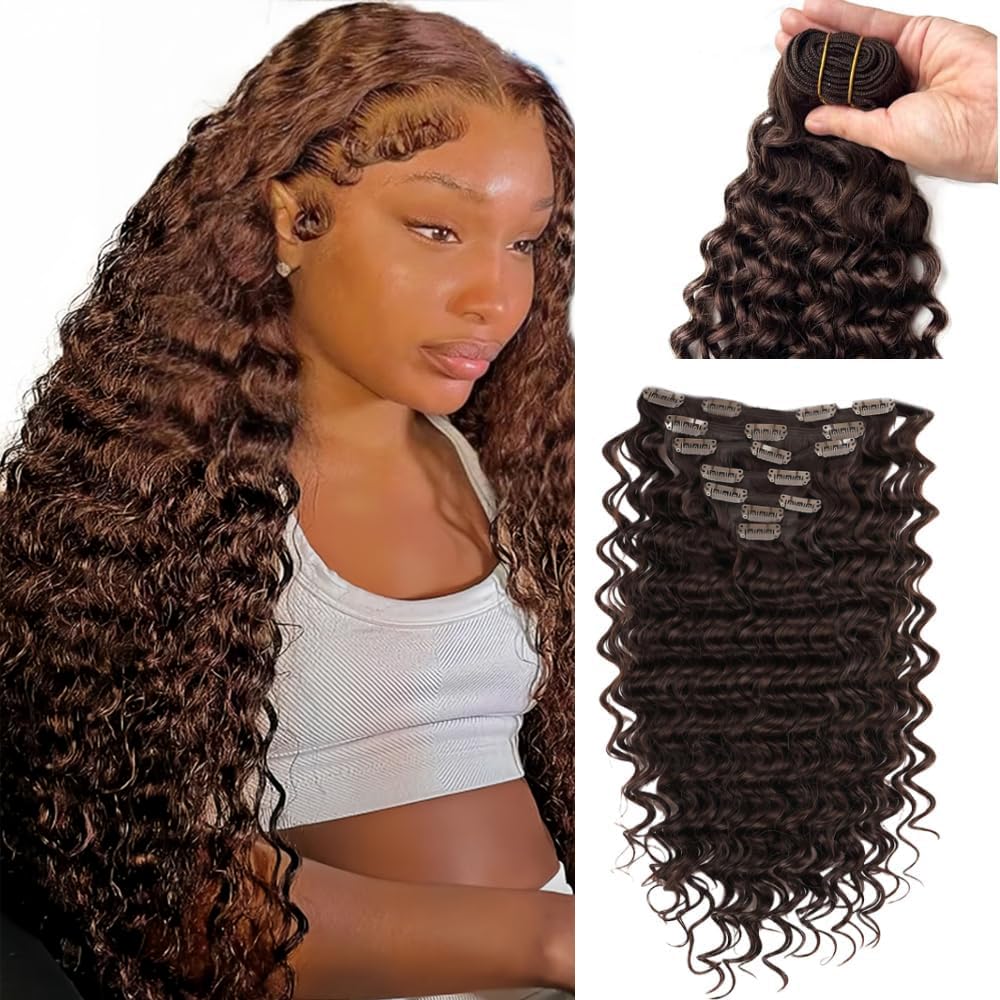 Deep Wave Clip In Extension De Cheveux Humains #4 Chocolate Brown Knotless Soft and Silky For Women Seamless Clip In Hair Human Extension 7 Pcs 20Inch/50cm