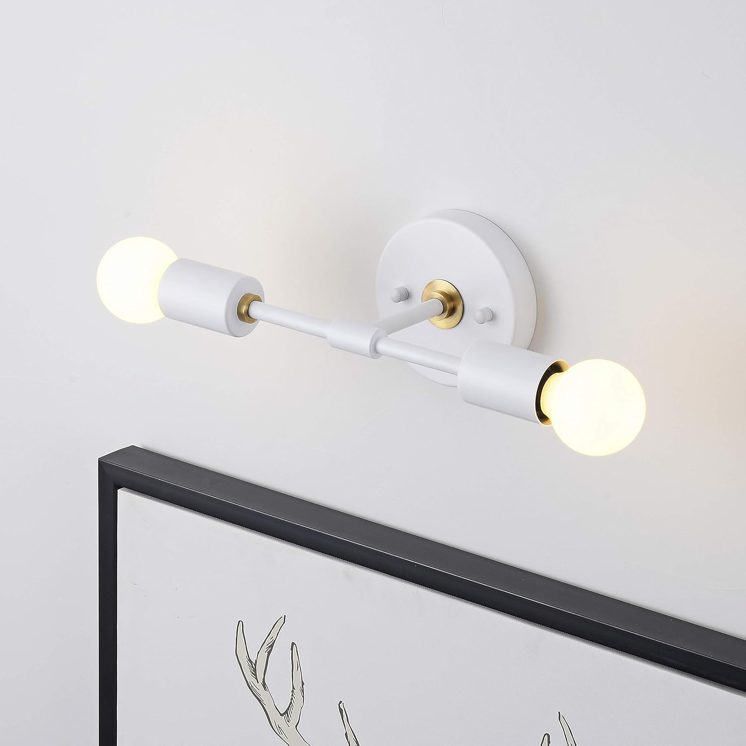 BRIGHTTIA 2 Light Wall Sconce - Modern Minimalist Bathroom Vanity and Hallway Lighting - Mid Century Industrial Exposed Bulb Wall Lamp - Flush Mount Fixture - White/Brushed Gold (BW0023-2WG)