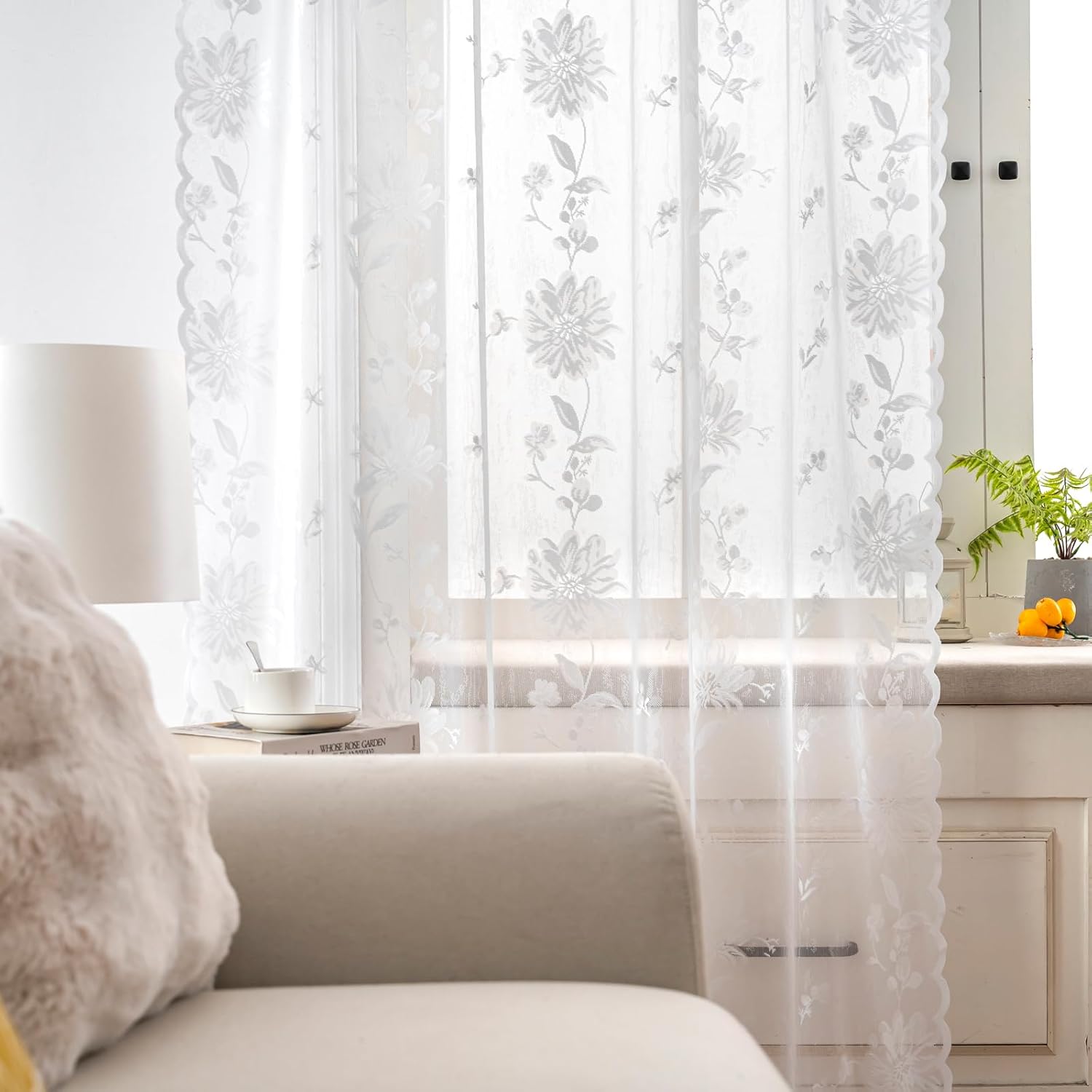White Lace Curtains 84 Inches Long for Living Room Bedroom Victorian Floral Sheer Curtains Rod Pocket Light Filtering Western Blooming Flower Drapes for Dining Room French Window Decor, 52x84