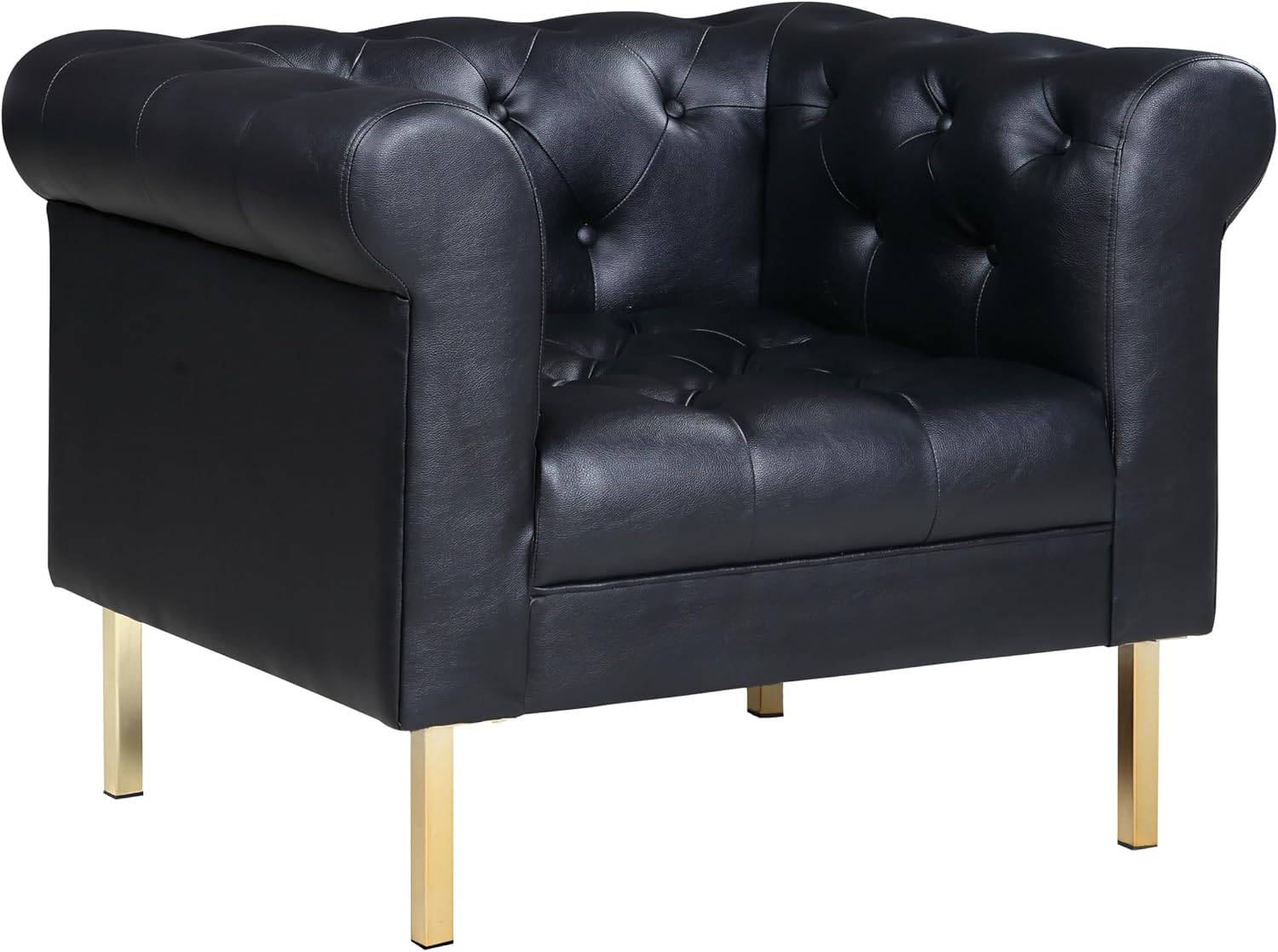 Iconic Home Giovanni Accent Club Chair PU Leather Upholstered Button Tufted Roll Arm Design Solid Gold Tone Metal Legs, Modern Transitional, Black