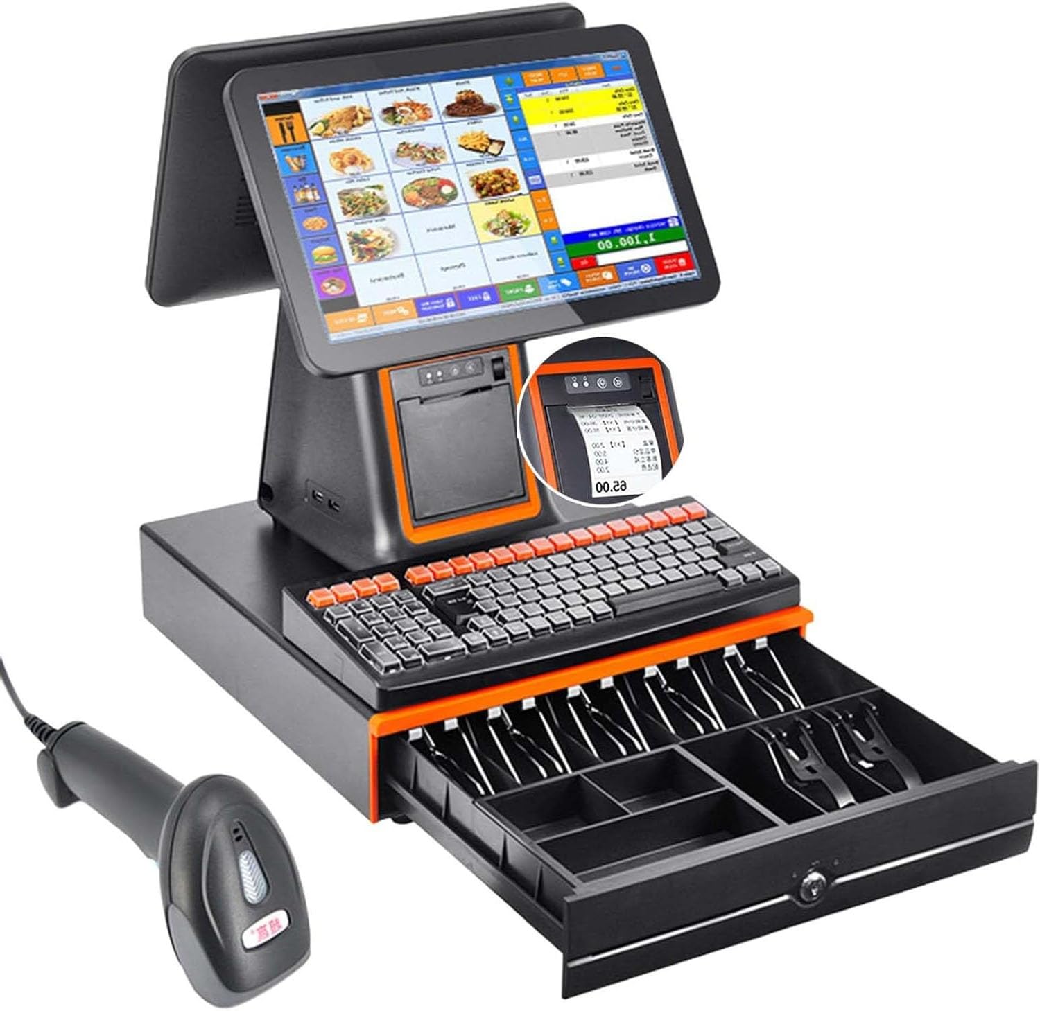Registratore di cassa compatto multifunzione con stampante integrata | Schermo touch da 15,6 pollici con doppio display, 8G+128GB, per ristoranti, supermercati e negozi al dettaglio