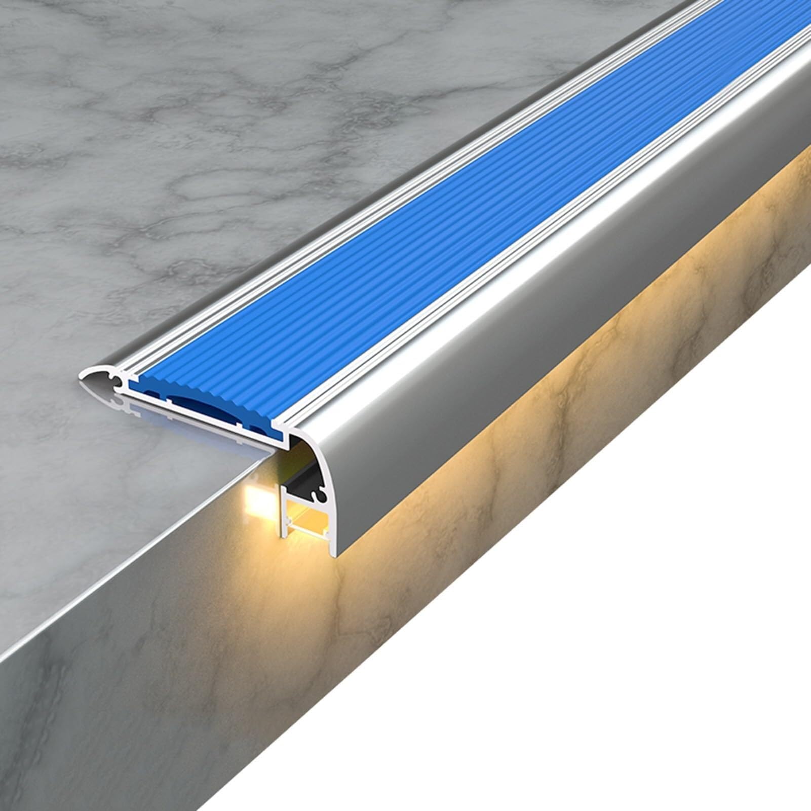 Aluminiowy profil schodowy z otworem na pasek LED, gniazdo L z antypoślizgowym gumowym paskiem dla bezpieczeństwa w domu, biurze i komercyjnym (niebieski, 120 cm/47 cali)