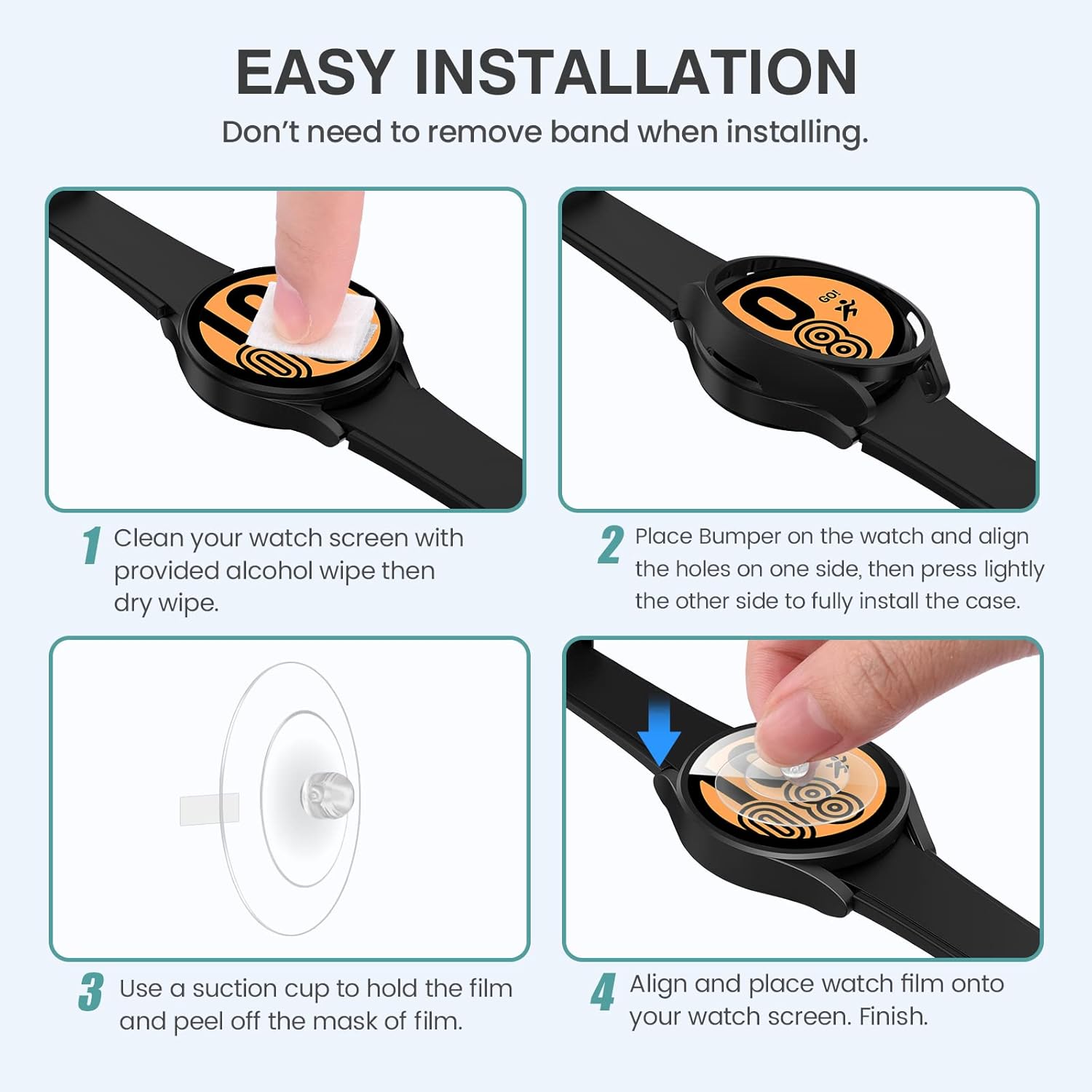 Tensea [4+4Pack for Samsung Galaxy Watch 5 44mm 2022 / Galaxy Watch 4 44mm 2021 Screen Protector Case Accessories, Hard PC Bumper/HD Anti-Fog Tempered Glass Protective Film, Face Cover Set Galaxy Watch 5/4-44mm Clear/Black/Black-Rose Gold/White-Rose Gold image 7 of 7 B09P8D1P37