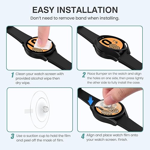 Miniatura 7 de Tensea - Paquete de 4 + 4 Protectores de pantalla y fundas de 1.57 pulgadas para Samsung Galaxy Watch 4, 4 películas protectoras de vidrio templado