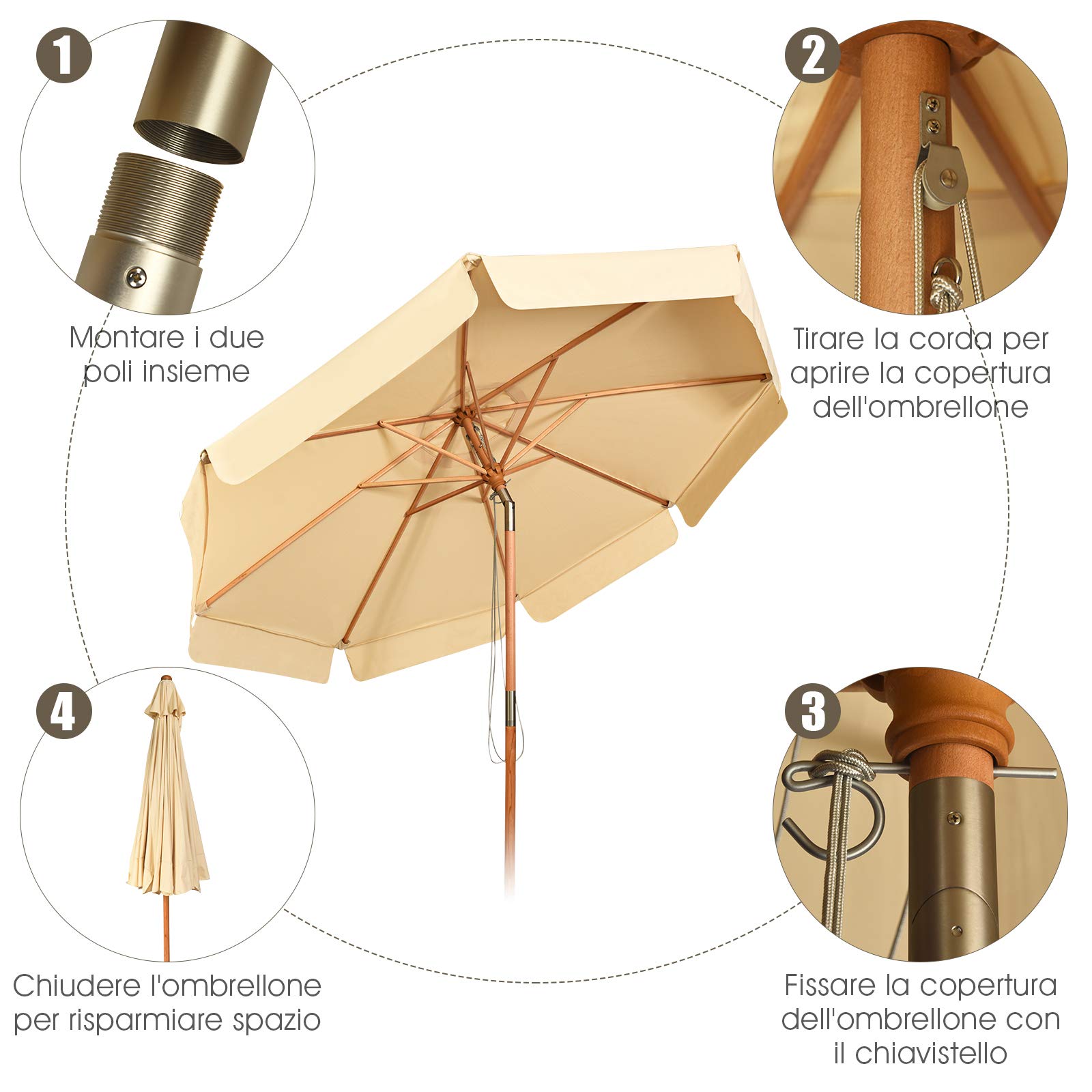 GYMAX Ombrellone da Giardino 3x3 M, 8 Stecche in Legno Massello, Ombrellone Inclinabile con Copertura Impermeabile e Resistente al Sole, per Terrazzo Patio (Beige)