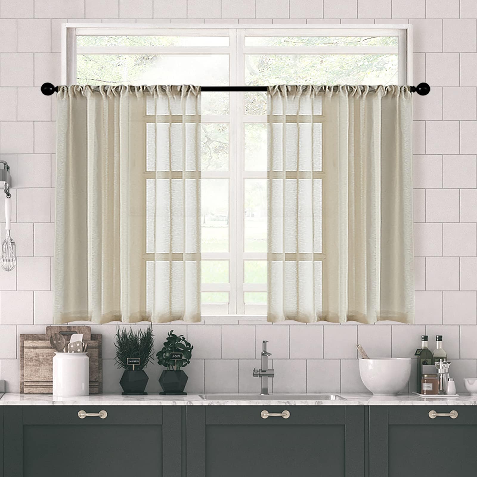 MRTREES Sheer Tier Curtains Beige Kitchen 36 inches Long Bathroom Short Curtains Sheers Transparent Voile Half Window Treatments Rod Pocket Light Filtering Cafe Curtains 2 Panels