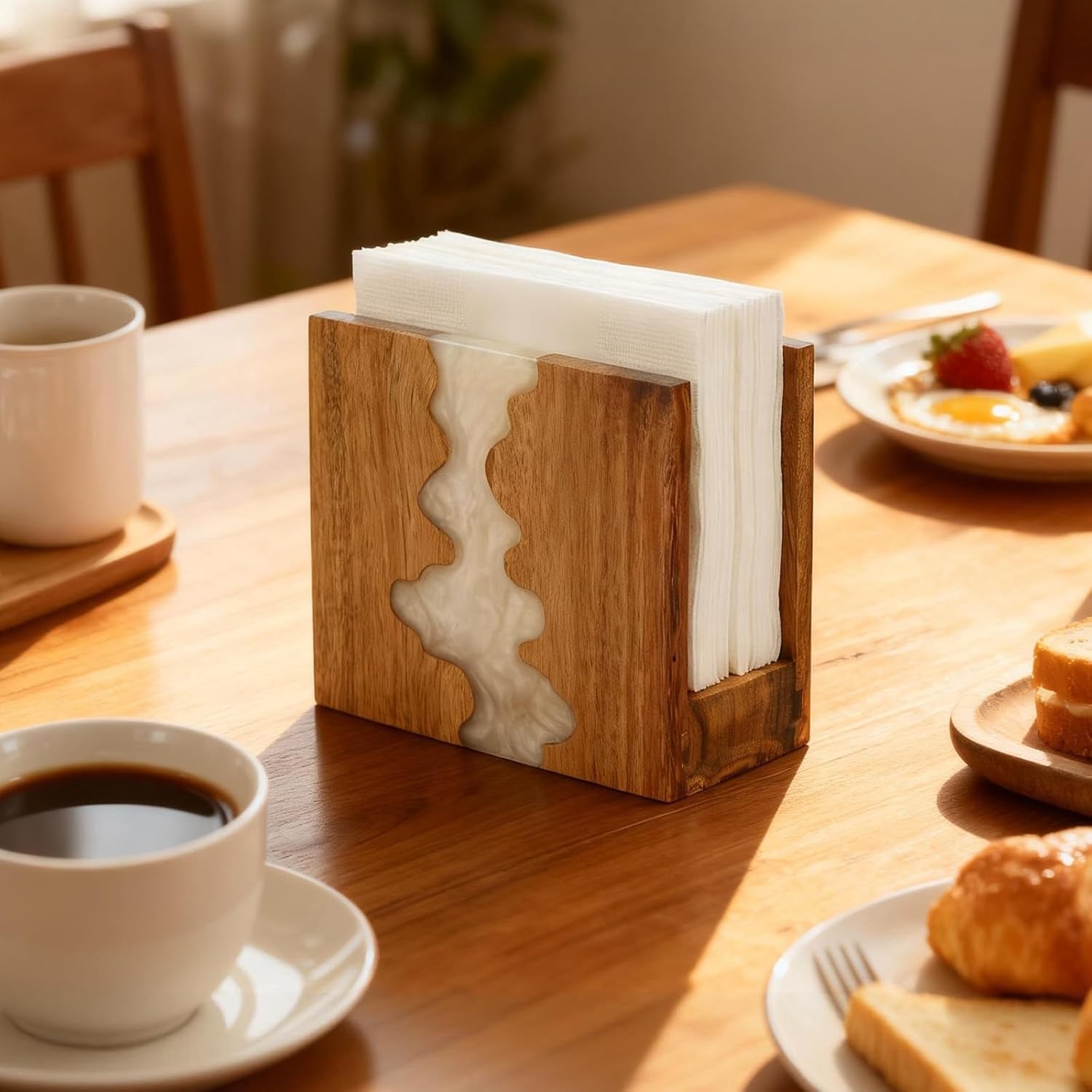 Acacia Wood Napkin Holder for table, Handmade Epoxy Resin Tissue Box Holder with Unique Wave Design & 3CM Sturdy Base for Kitchen Table, Dining Room Decor,counter tops or outdoors