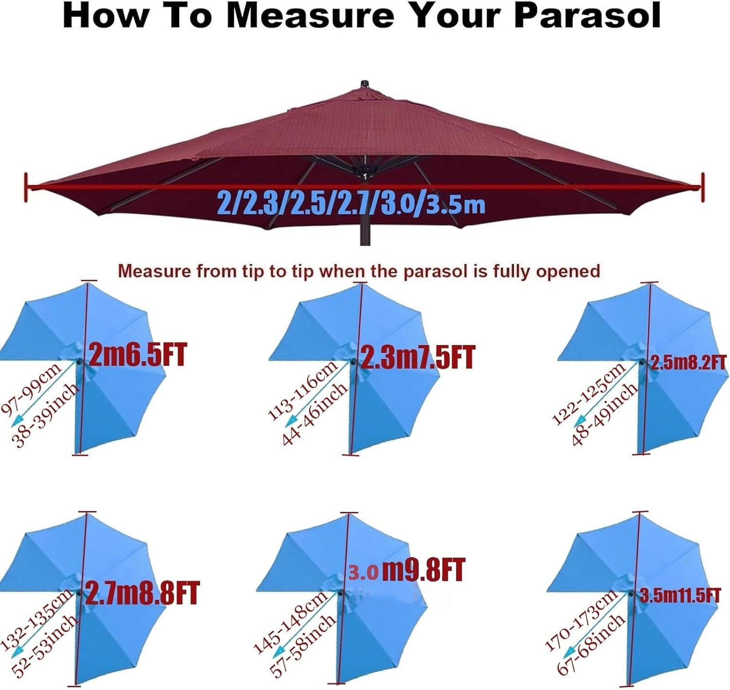 6.5/7.5/8.2/8.8/9.8/11.5FT Outdoor Patio Umbrella Cover, Waterproof Table Umbrellas Cover 6/8 Ribs for Pool, Market, Terrace, Beach, Outdoor Restaurant(N9,9.8 FT 300cm 6 Ribs)