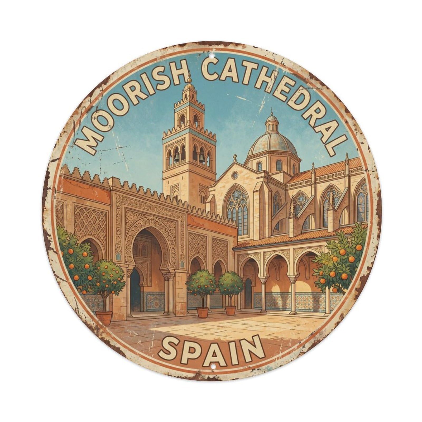 Vintage Travel Moorish Cathedral Spain Metal Tin Sign Plaque Wall Decor for Cafe, Club, Garden Round Metal Poster 8x8Inch