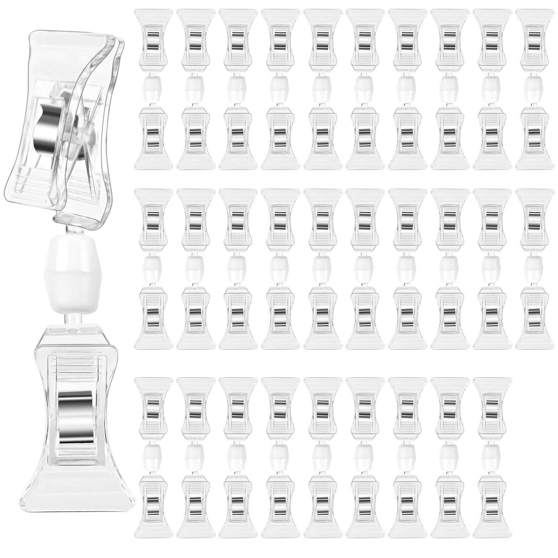 Clear Merchandise Display Sign Clips - 30 Pack Plastic Label Pop Holder for Shelf, Double Sided Swivel Price Tag on Clothing Rack, Rotatable Menu Clips for Retail Sale Display